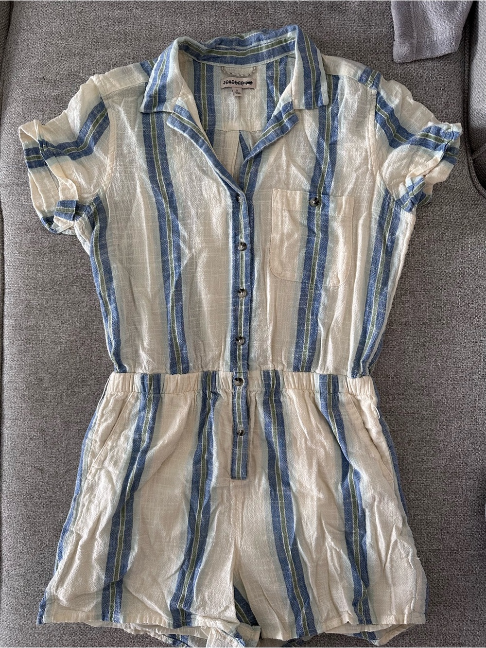 Toad&Co Cream and Blue Striped Short-Sleeve Romper